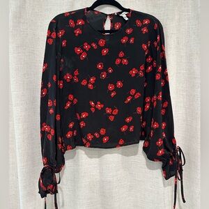 Derek Lam Silk Blouse, Black with Red Poppy Flowers, Long Balloon Sleeves & Ties